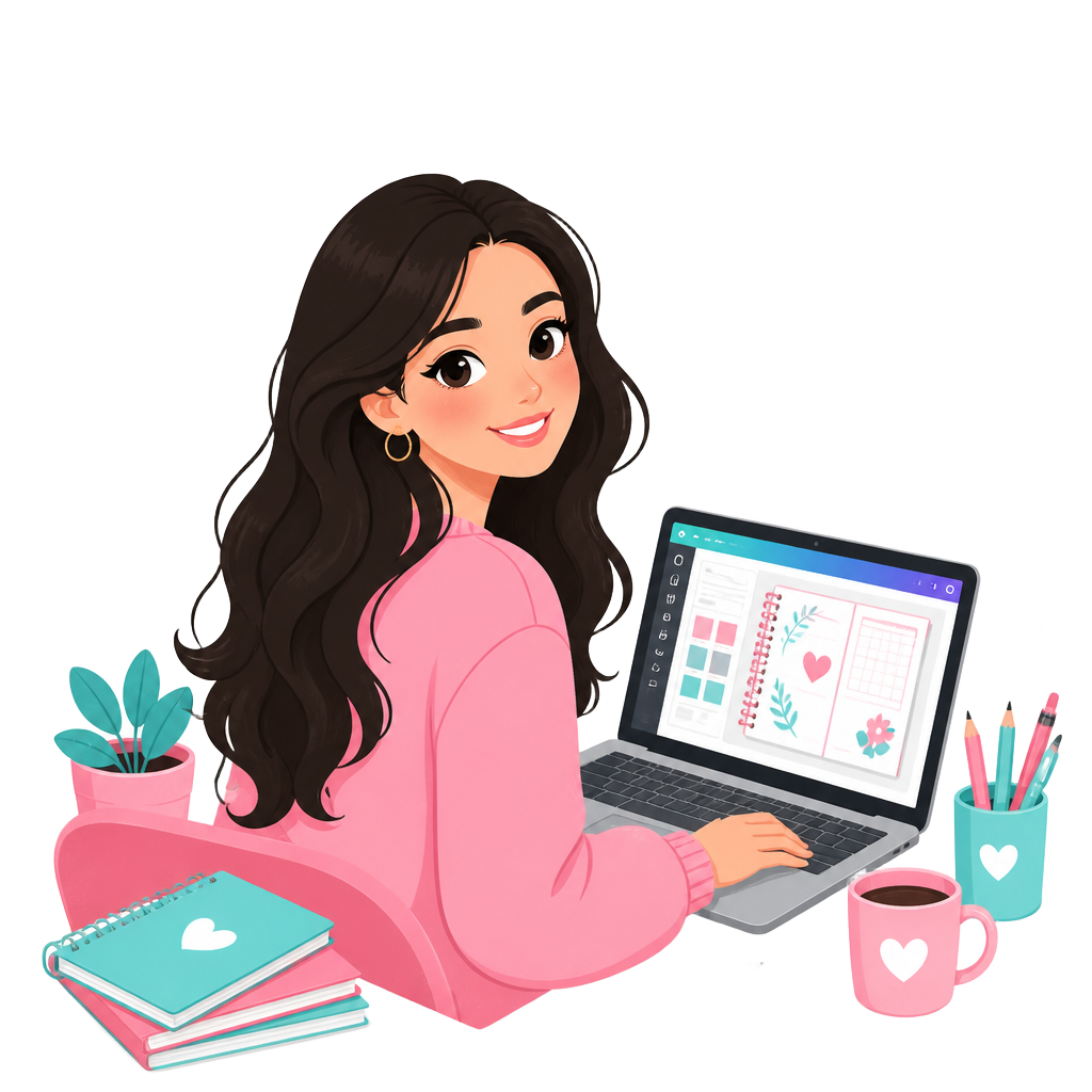 Ilustración de una creadora diseñando agendas y libretas en Canva desde su computadora