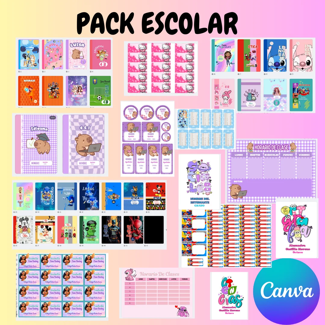 Pack escolar: portadas, etiquetas, horarios y stickers editables en Canva con temáticas infantiles y juveniles