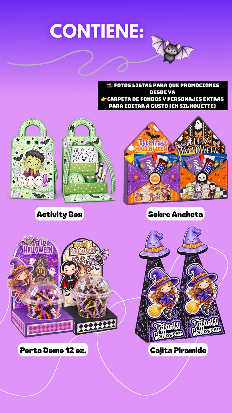 Super Pack Halloween: Activity Box, Sobre Ancheta, Porta Domo 12 oz. y Cajita Pirámide