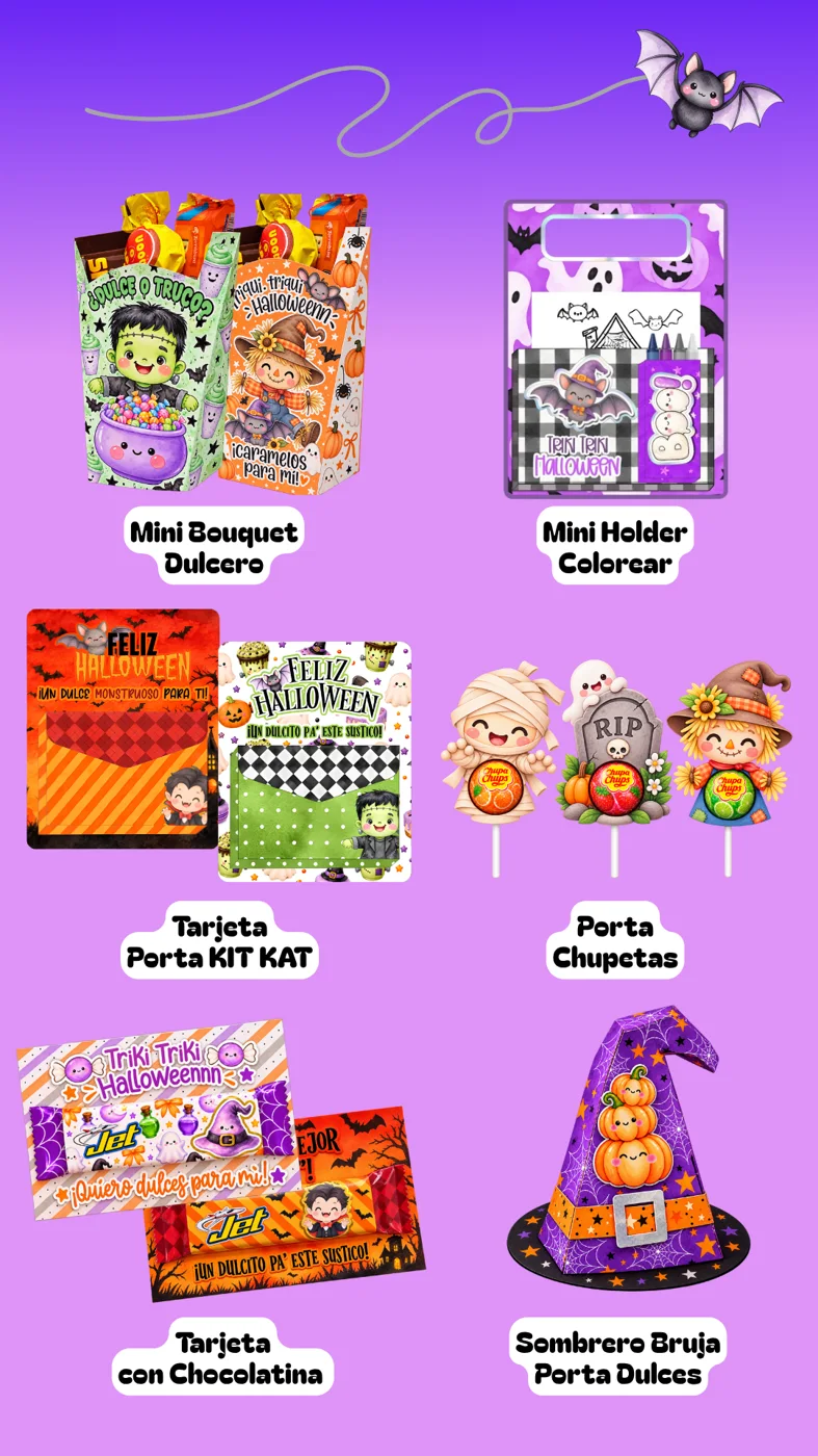 Super Pack Halloween: Mini Bouquet Dulcero, Mini Holder Colorear, Tarjeta Porta Kit Kat, Porta Chupetas, Tarjeta con Chocolatina y Sombrero Bruja Porta Dulces