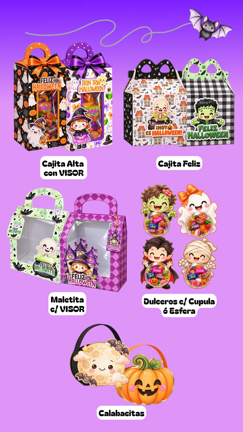 Super Pack Halloween: Cajita Alta con Visor, Cajita Feliz, Maletita con Visor, Dulceros con Cúpula o Esfera y Calabacitas