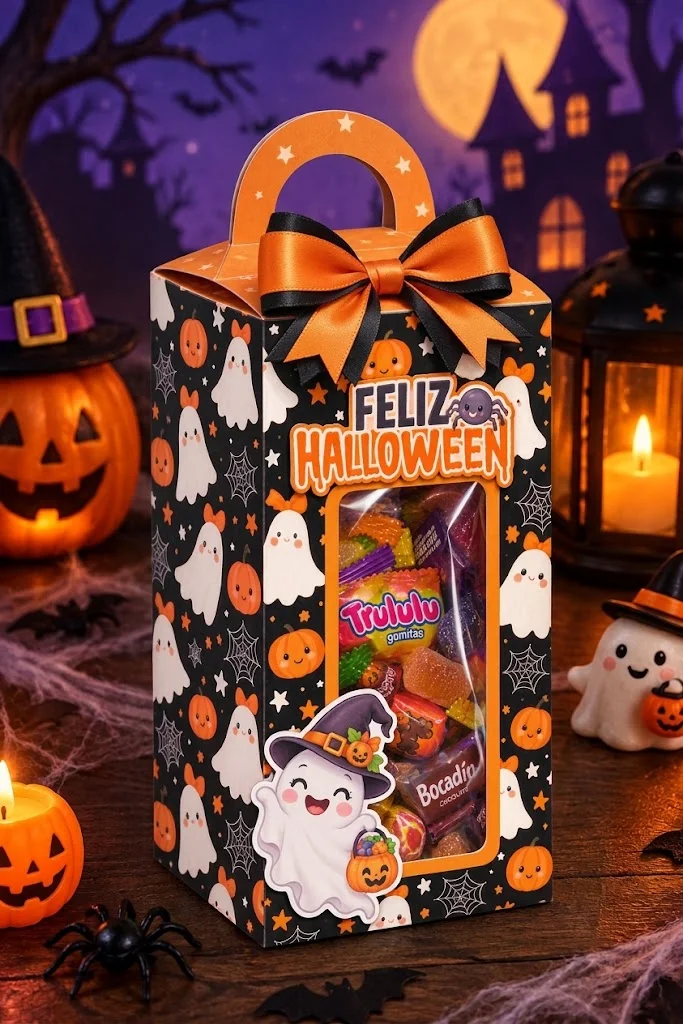 Cajita alta con visor de Halloween llena de golosinas